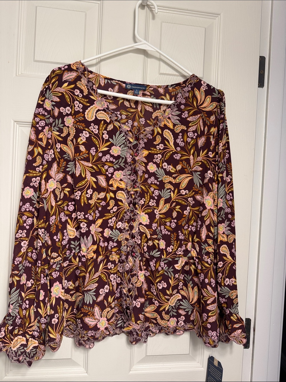 Democracy Burgundy Floral Button-Front Blouse with Pink & Mustard Accents